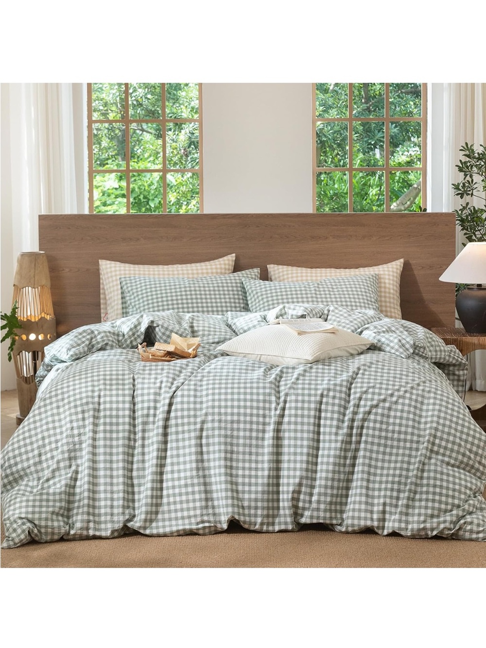 NEW MooMee Gingham Duvet Cover Set 100% Washed Cotton Linen Like Texture (sage)
